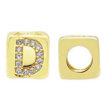 Brass Micro Pave Clear Cubic Zirconia European Beads, Cube with Letter, Letter.D, 8.5x8.5x8.5mm, Hole: 5mm, 3pcs/bag