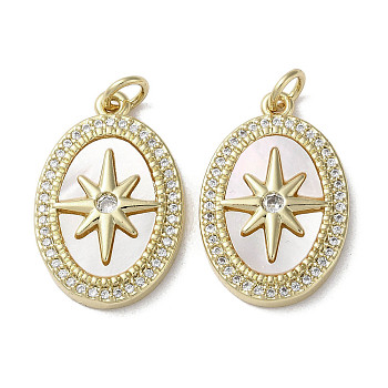 Brass Micro Pave Cubic Zirconia Pendants, with Shell, Oval with Star Pattern, Real 18K Gold Plated, 22.5x15x3.5mm, Hole: 3mm
