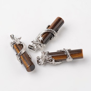 Tube Natural Tiger Eye Pendants, with Dragon Brass Findings, Platinum, 48x15x10mm, Hole: 7x5mm