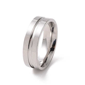 201 Stainless Steel Grooved Line Finger Ring for Women, Stainless Steel Color, Inner Diameter: 17mm