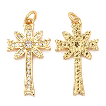 Brass Micro Pave Cubic Zirconia Pendants, Cross, Real 18K Gold Plated, 26x14x2mm, Hole: 2.8mm