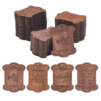 40Pcs 4 Style Dyed Rectangle Wood Pendants, Coconut Brown, 68x54x4mm, Hole: 3mm, 10pcs/style