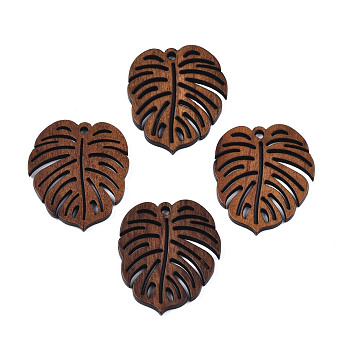 Natural Walnut Wood Pendants, Monstera Leaf, Saddle Brown, 32x27x2mm, Hole: 2mm
