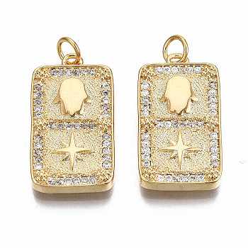 Brass Micro Pave Clear Cubic Zirconia Pendants, Nickel Free, Rectangle with Star & Hamsa Hand, Real 18K Gold Plated, 25x23x3mm, Jump Ring: 5x0.7mm, 3mm inner diameter