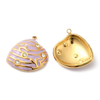 304 Stainless Steel Rhinestone Pendants, with Enamel, Shell Charms, Golden, Lilac, 19.5x19x5mm, Hole: 1.2mm