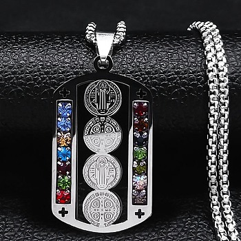 304 Stainless Steel Colorful Rhinestone Rectangle with Saint Benedict Medal Pendant Necklaces, Box Chains Necklace for Women Men, Stainless Steel Color, 23.19 inch(58.9cm)