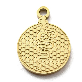 Ion Plating(IP) 316L Surgical Stainless Steel Pendants, Textured, Flat Round with Snake Charm, Real 18K Gold Plated, 16.5x12x1.5mm, Hole: 1.6mm