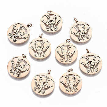 304 Stainless Steel Pendants, Laser Cut, with Jump Rings, Flat Round with Elephant, Rose Gold, 15.5x14x1mm, Jump Ring: 3x0.4mm, 2.2mm inner diameter