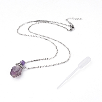 Natural Fluorite Openable Perfume Bottle Pendant Necklaces, with Stainless Steel Cable Chain and Plastic Dropper, Stainless Steel Color, 20.62 inch(52.4cm), Bottle Capacity: 0.15~0.3ml(0.005~0.01 fl. oz), 2mm