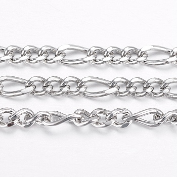 304 Stainless Steel Figaro Chains, Unwelded, with Spool, Faceted, Stainless Steel Color, 4~6x3x0.8mm, about 65.61 Feet(20m)/roll