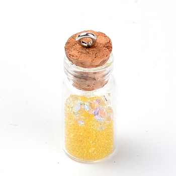 Mini Glass Wishing Bottles, with Seed Beads & Glass Beads inside, for DIY Key Chain Accessories Decoration, Gold, 31x11mm, Hole: 2mm