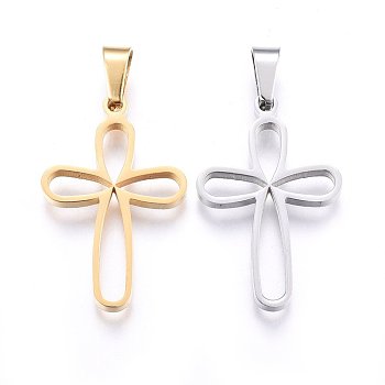 304 Stainless Steel Pendants, Cut-Out, with Hollow, Cross, Mixed Color, 29.5x19x2.2mm, Hole: 6x4mm