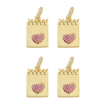 Brass Micro Pave Cubic Colorful Zirconia Pendants, Long-Lasting Plated, Lead Free & Cadmium Free, Rectangle with  Heart, with Jump Rings, Real 18K Gold Plated, Long: 26mm, Pendant: 20.5x13x4mm, Hole: 5x3.5mm