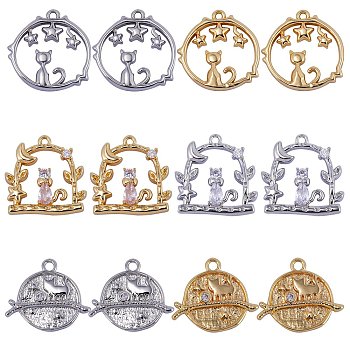 12Pcs 6 Styles Brass Micro Pave Cubic Zirconia Pendants, Cat with Flower Window/Planet and Round Ring with Cat & Star Charm, Mixed Color, 16~18x16~17.5x2~2.6mm, Hole: 1~1.2mm, 2pcs/style