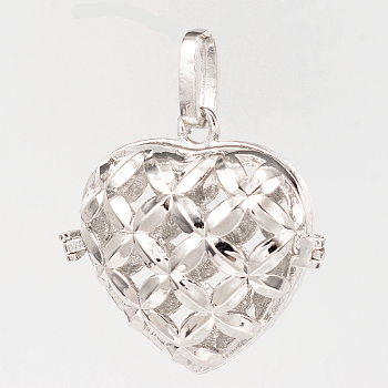 Eco-Friendly Rack Plating Brass Hollow Heart Cage Pendants, For Chime Ball Pendant Necklaces Making, Cadmium Free & Nickel Free & Lead Free, Platinum, 31x32x16mm, Hole: 9x4mm, inner: 25x23mm