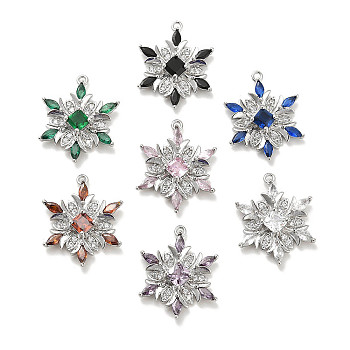 Brass Micro Pave Colorful Cubic Zirconia Pendants, Snowflake, Real Platinum Plated, 20.5x16x4mm, Hole: 1.2mm