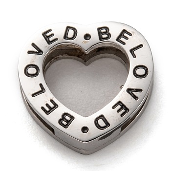 304 Stainless Steel Slide Charms, Enamel Style, for Valentine's Day, Heart with Word Beloved, Stainless Steel Color, 12x12x3.5mm, Hole: 8x1.5mm