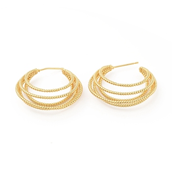 Rack Plating Brass Chunky Open Hoop Earrings, Multi Line Stud Earrings for Women, Cadmium Free & Lead Free, Real 18K Gold Plated, 26x29x9mm, Pin: 0.7mm