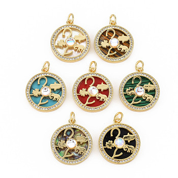 Brass Micro Pave Clear Cubic Zirconia Pendants, with Glass, Shell & Synthetic Stone & Acrylic and Jump Ring, Real 16K Gold Plated, Flat Round, Nickel Free, Mixed Color, 21x18x4.5mm, Jump Ring: 5x1mm, 3mm inner diameter