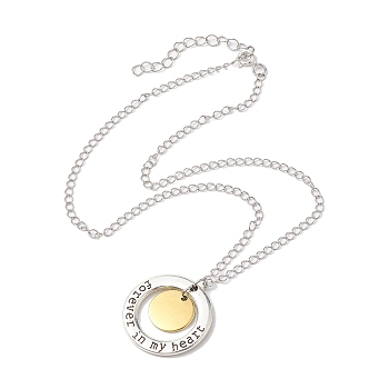 304 Stainless Steel and Alloy Round With Word Forever In My Heart Pendant Necklace, Brass Curb Chains Necklaces, Antique Silver & Golden, 18.23 inch(46.3cm)