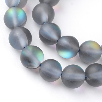 Synthetic Moonstone Beads Strands, Holographic Beads, Dyed, Frosted, Round, Gray, 10mm, Hole: 1mm, about 36~39pcs/strand, 14~15 inch