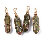 Natural Unakite Big Pendants, with Golden Brass Findings, Hexagonal Prisms, 44.5~52x10~11x9.5~10.5mm, Hole: 4x7mm(G-T122-70C)