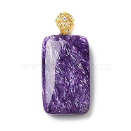 Natural Charoite Pendants, Rectangle Charms with Golden Tone 925 Sterling Silver Rhinestone Findings, 28.5x15x6.5mm, Hole: 4x2mm(G-P501-04G)