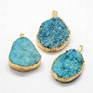 Electroplated Natural & Dyed Druzy Agate Pendants, with Golden Plated Brass Findings, Turquoise, 39~75x25~50x10~20mm, Hole: 8x5mm(G-N0167-023B-02)