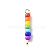 Chakra Glass Seed Beaded Connector Charms, Colorful Rondelle Glass Links with 304 Stainless Steel Double Loops, Golden, 21~22x3.5mm, Hole: 1.8~2mm(PALLOY-JF02530-02)