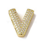 Brass Beads, with Clear Cubic Zirconia, Letter V, 20x18x5.5mm, Hole: 4.5x2.5mm(KK-D098-04V-G)