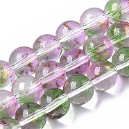 Transparent Spray Painted Glass Bead Strands, with Golden Foil, Round, Medium Sea Green, 10~11mm, Hole: 1.4~1.6mm, about 39~42pcs/Strand, 14.84 inch~15.27 inch(37.7~38.8cm)(GLAA-N035-03D-B01)