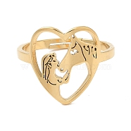 Ion Plating(IP) 304 Stainless Steel Heart with Horse Adjustable Ring for Women, Real 18K Gold Plated, US Size 6(16.5mm)(RJEW-M149-20G)