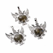 Natural Labradorite Pendants, Eagle with Heart Charms, with Rack Plating Platinum Tone Brass Findings, 36.5x33.3x6~7mm, Hole: 8x5mm(G-P496-04P-16)