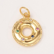Brass Micro Pave Colorful Cubic Zirconia Pendants, with Jump Rings, Long-Lasting Plated, Swim Ring, Golden, 15x12.5x3mm, Jump Ring: 5x0.7mm, Inner Diameter: 3.6mm(KK-I668-15G)