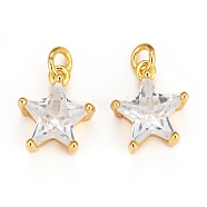 Brass Charms, with Clear Cubic Zirconia and Jump Rings, Long-Lasting Plated, Star, Real 18K Gold Plated, 11x9.5x5.5mm, Hole: 2.5mm(KK-I681-09G)