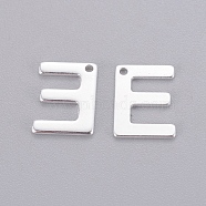 201 Stainless Steel Charms, Letter, Silver Color Plated, Letter.E, 11x8x0.6mm, Hole: 1mm(STAS-L232-007E)