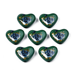 Flower Printed Opaque Acrylic Heart Beads, Dark Green, 16x19x8mm, Hole: 2mm(SACR-S305-28-N01)