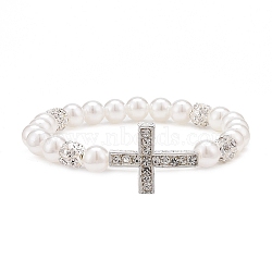Alloy Rhinestone Religion Cross Bracelets, ABS Plastic Imitation Pearl & Brass Clear Rhinestone Beaded Stretch Bracelets for Women, White, 1/4 inch(0.8cm), Inner Diameter: 2-1/4 inch(5.6cm)(BJEW-JB09096)