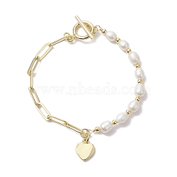 Natural Cultured Freshwater Pearl Beads Paperclip Chains Heart Charm Bracelets with Toggle Clasps for Women, Golden, 7-1/4 inch(18.5cm)(BJEW-JB10193)