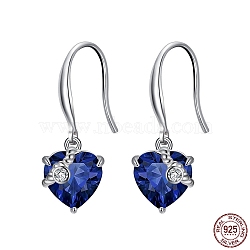 Cubic Zirconia Heart Dangle Earrings, Real Platinum Plated Rhodium Plated 925 Sterling Silver Earrings for Women, Dark Blue, 26mm(EJEW-P231-46P-09)