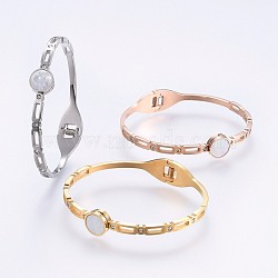 304 Stainless Steel Bangles, with Rhinestone and Shell, Flat Round, Mixed Color, 2-1/4 inch(5.7cm)x2 inch(5cm), 4~10mm(BJEW-P223-11)