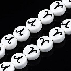 Handmade Porcelain Ceramic Beads Strands, Printed, Flat Round with Constellation, Aries, 10~11x5mm, Hole: 2mm, about 30pcs/strand, 11.81 inches(30cm)(PORC-S502-032A)