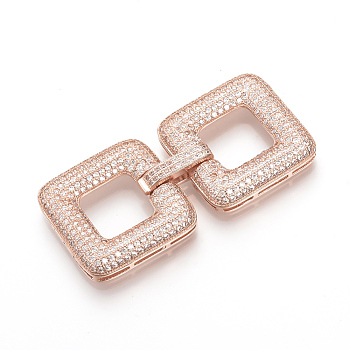 Brass Micro Pave Cubic Zirconia Fold Over Clasps, Square, Rose Gold, 50x24x5mm, Hole: 11x11mm