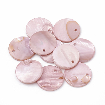 Freshwater Shell Pendants, Spray Painted, Flat Round, Pink, 16x1.5~2mm, Hole: 1mm