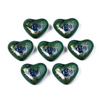 Flower Printed Opaque Acrylic Heart Beads, Dark Green, 16x19x8mm, Hole: 2mm