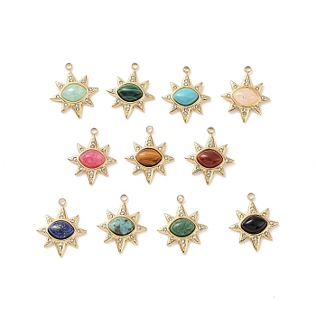 Natural & Synthetic Mixed Gemstone Pendants, with Ion Plating(IP) Real 18K Gold Plated 304 Stainless Steel Micro Pave Cubic Zirconia Findings, Star Charm, Mixed Dyed and Undyed, 22x18.5x5mm, Hole: 1.8mm