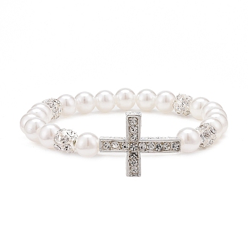 Alloy Rhinestone Religion Cross Bracelets, ABS Plastic Imitation Pearl & Brass Clear Rhinestone Beaded Stretch Bracelets for Women, White, 1/4 inch(0.8cm), Inner Diameter: 2-1/4 inch(5.6cm)