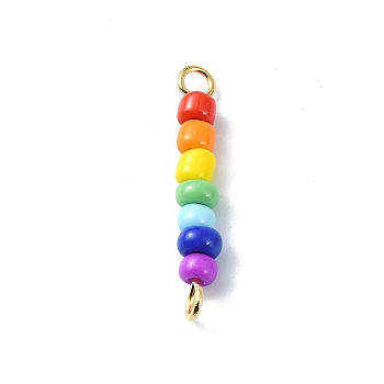 Chakra Glass Seed Beaded Connector Charms, Colorful Rondelle Glass Links with 304 Stainless Steel Double Loops, Golden, 21~22x3.5mm, Hole: 1.8~2mm