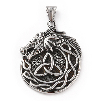 304 Stainless Steel Pendants, with 201 Stainless Steel Snap on Bails, Trinity Knot & Dragon Charm, Antique Silver, 46x37x6mm, Hole: 9x4.5mm
