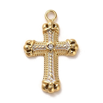 Real 18K Gold Plated 304 Stainless Steel Pendants, with Rhinestone, Cross, Clear, 30x19x3.5mm, Hole: 2mm